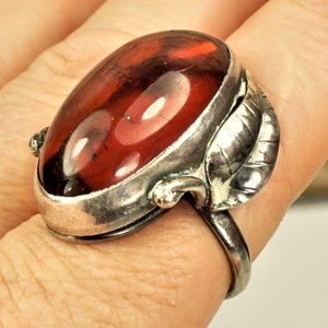 OLD ESTATE BIG BALTIC AMBER & 925 SILVER RING WITH LEAVES, UNIQUE GIFT FOR WOMEN